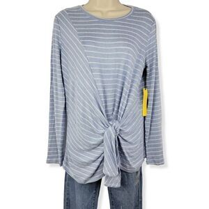 Gibson Blue Striped Tie Front Fleece Sweater Petite Medium